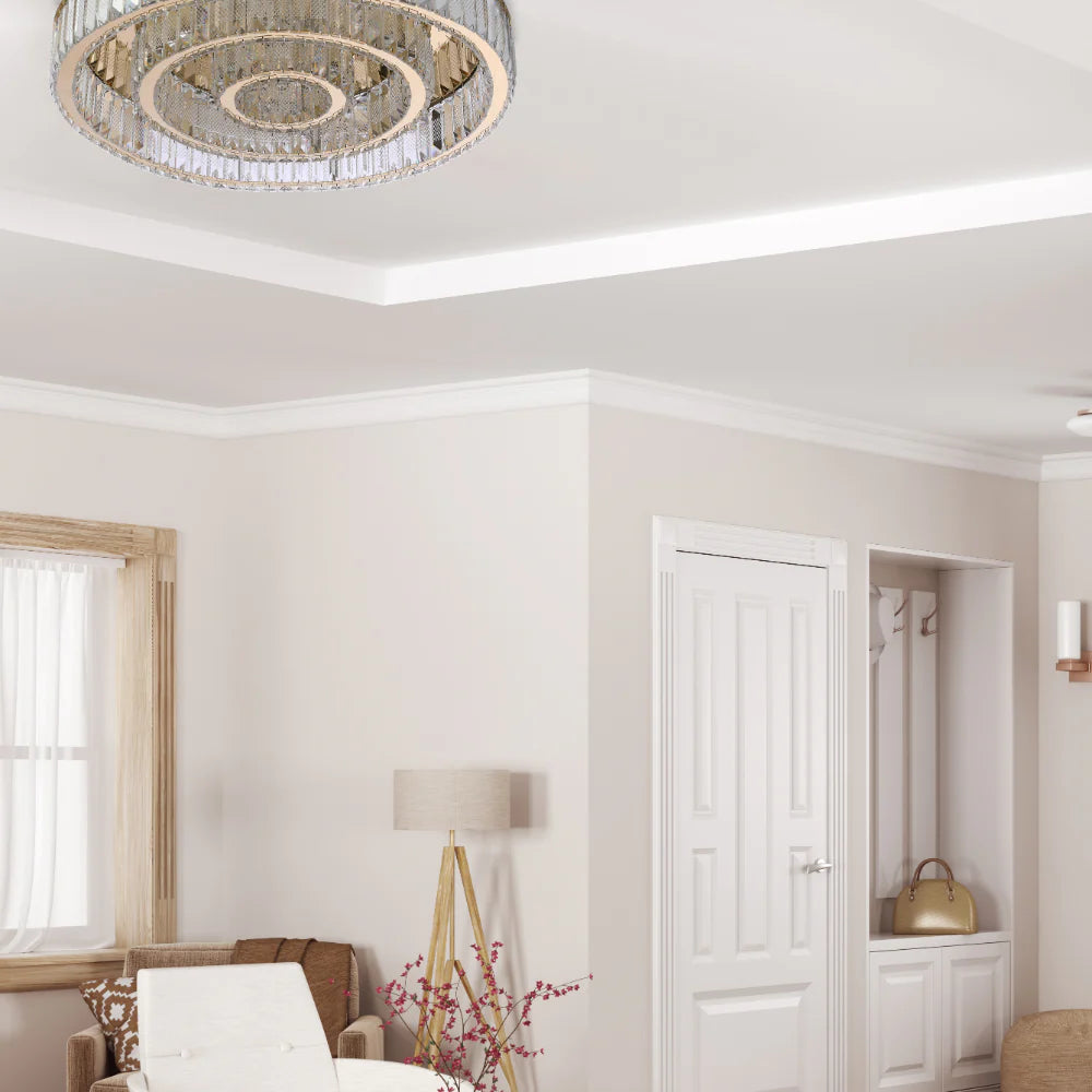 Triple Nested Ring Crystal Flush Ceiling Chandelier Light with Remote Control 3 Colour D600mm