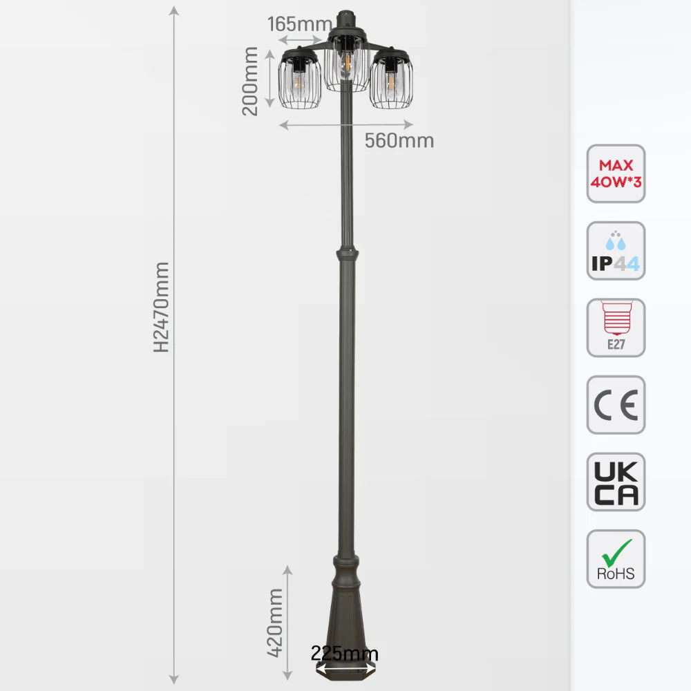 Tuela Outdoor Garden Pathway Lamp Post Top 3 Light Dark Grey