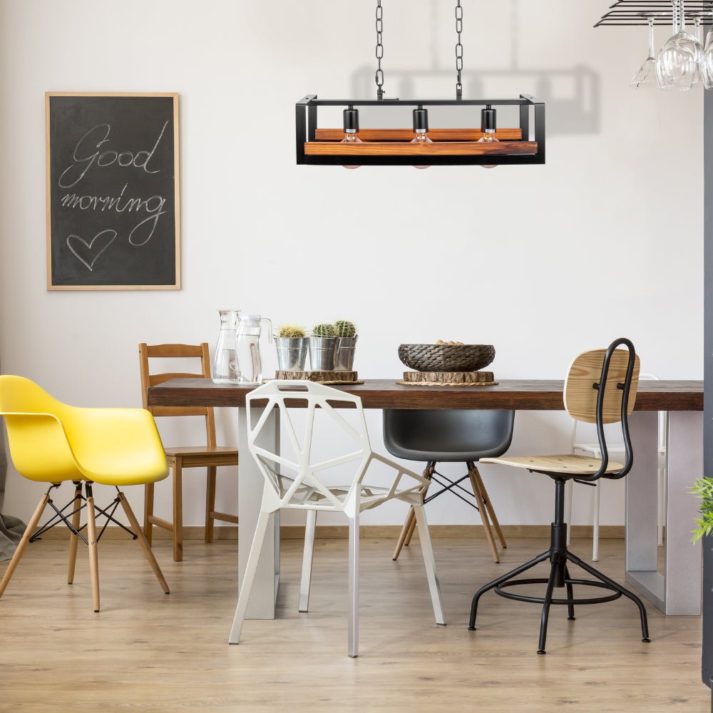 Black metal wood cuboid island chandelier with 3xe27 fitting in dining room cafe