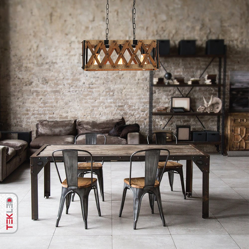 Wood black metal cuboid island chandelier with 3xe27 fitting in indoor setting dining room