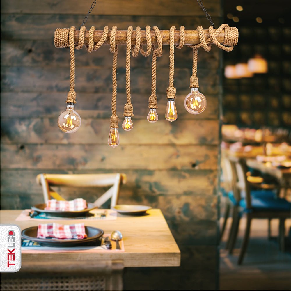 Bamboo and hemp rope rod chandelier with 6xe27 fitting in indoor setting cafe