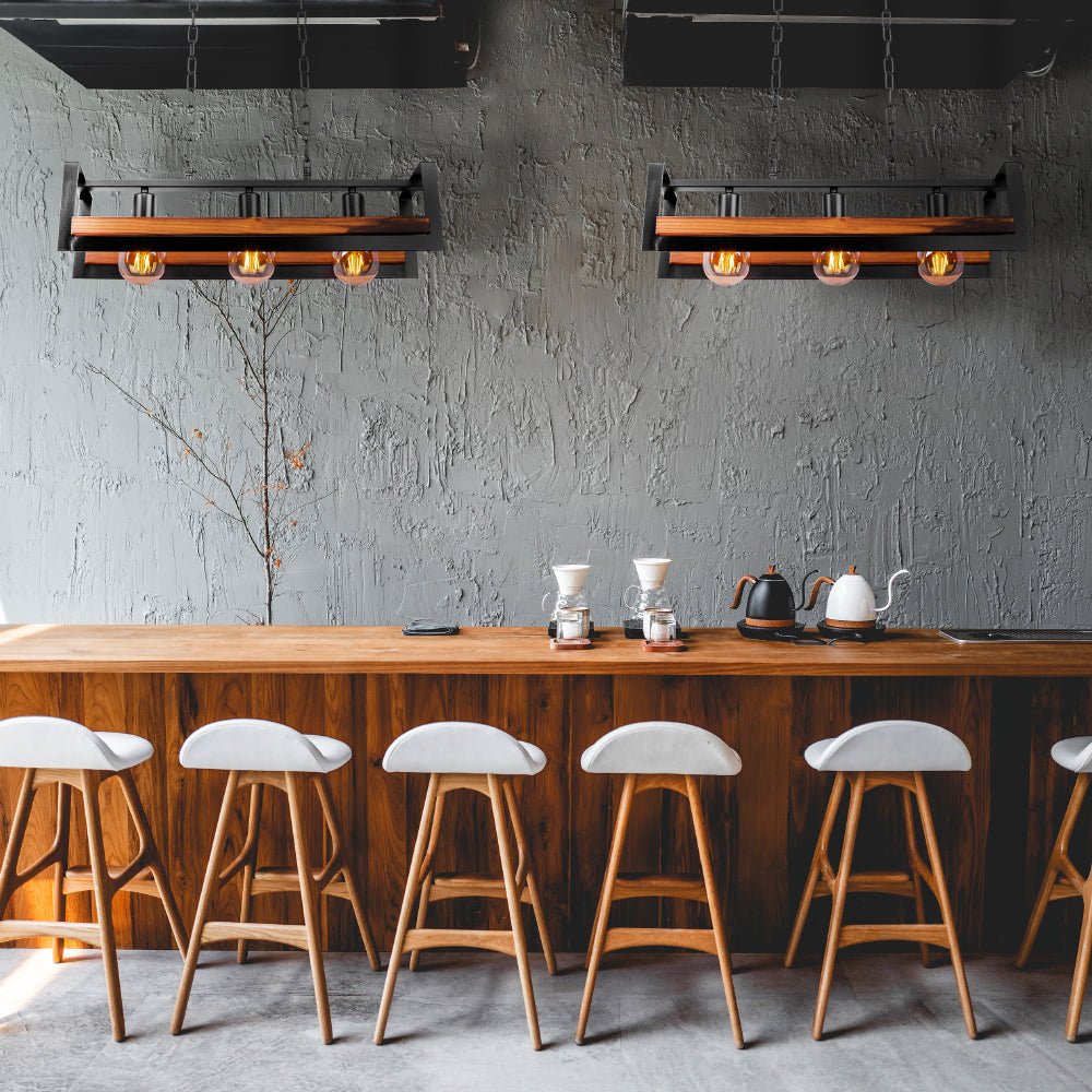 Black metal wood cuboid island chandelier with 3xe27 fitting in indoor setting cafe bar