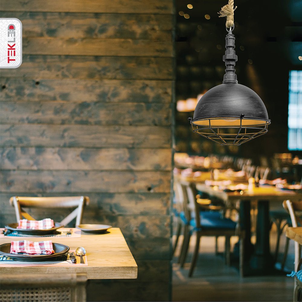 Silvery grey metal caged dome pendant light cafe single use table top