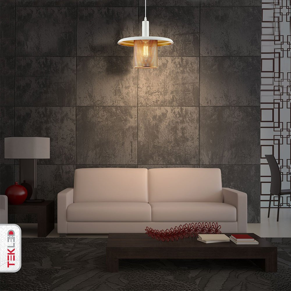 White-golden metal caged flat pendant light with e27 fitting in indoor setting living rom lobby