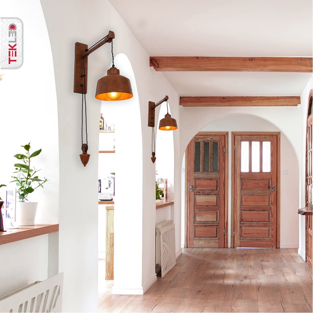 Old Brown Metal Pulley Step Wall Light E27 in indoor setting hallway