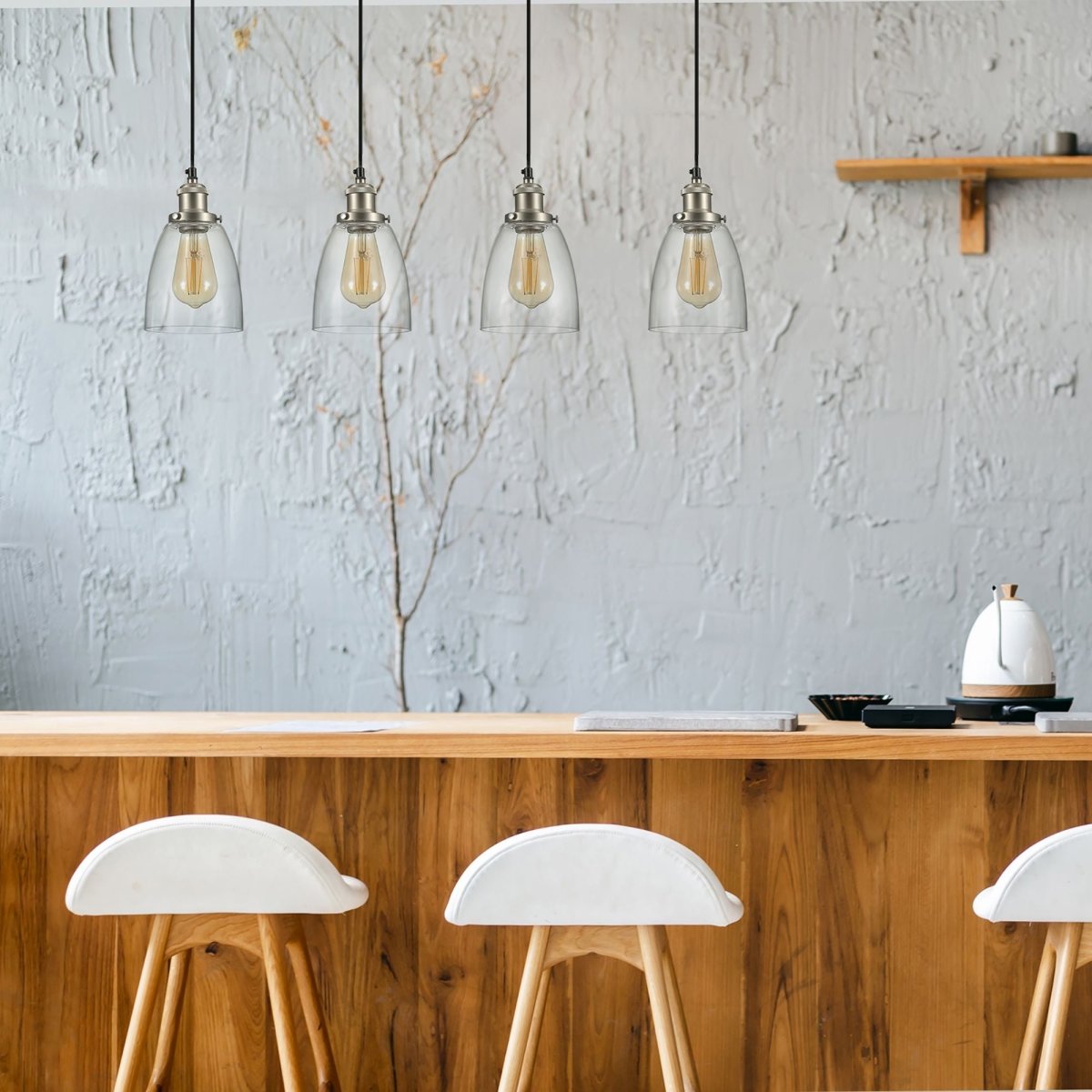 Silver metal clear glass cone pendant light with e27 fitting in indoor setting bar top kitchen island