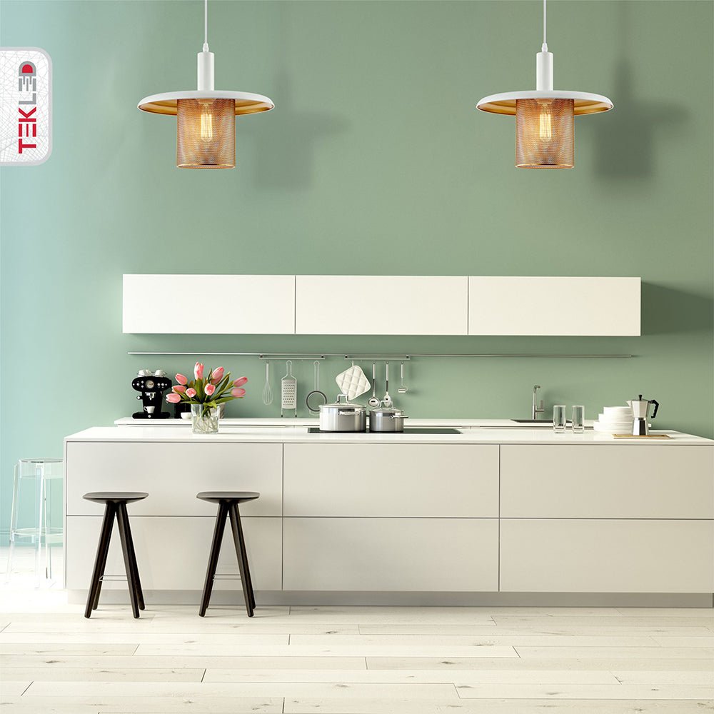 White-golden metal caged flat pendant light with e27 fitting in indoor setting kitchen island