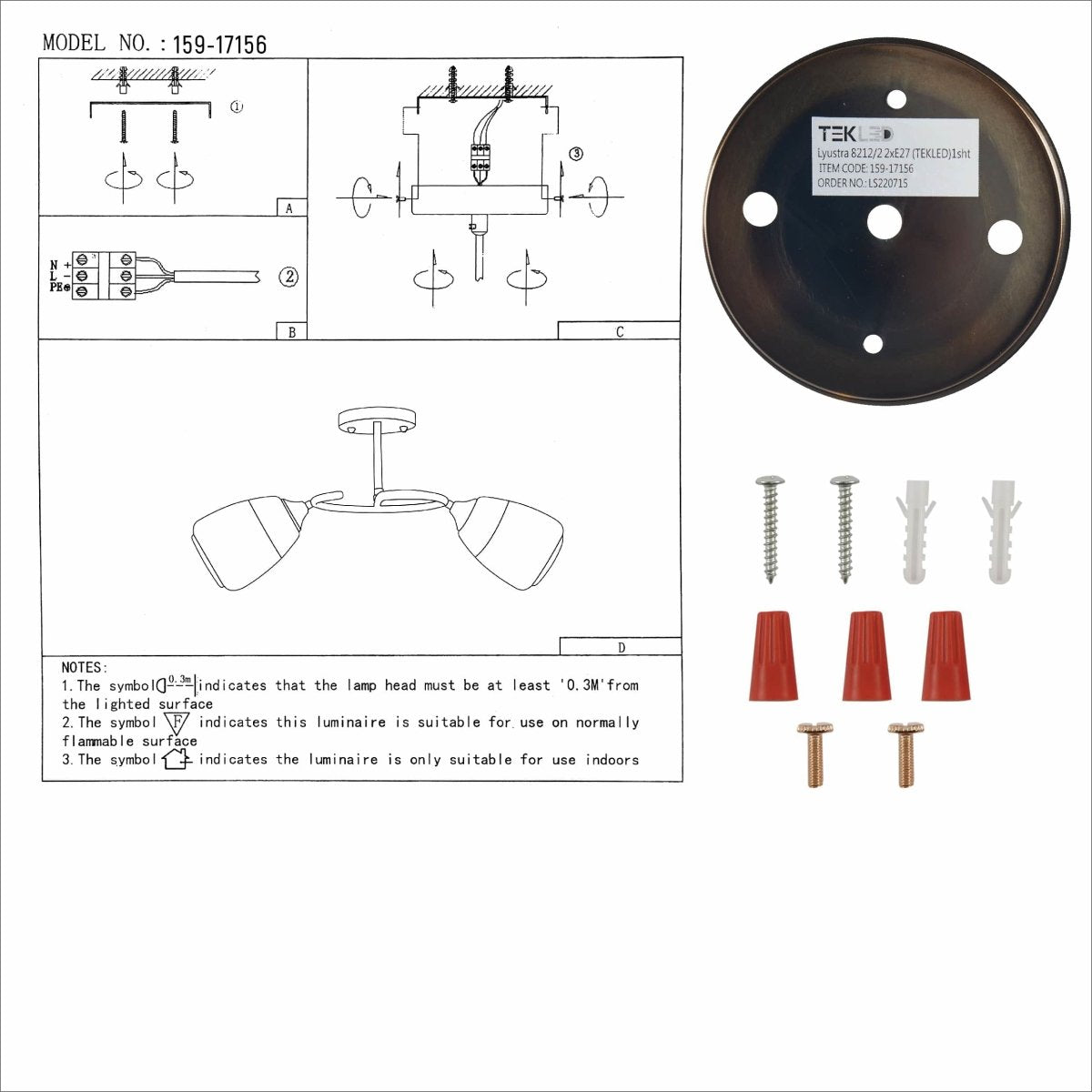 User manual for Amber Black Bell Glass Antique Brass Metal Spiral Semi Flush Ceiling Light | TEKLED 159-17156