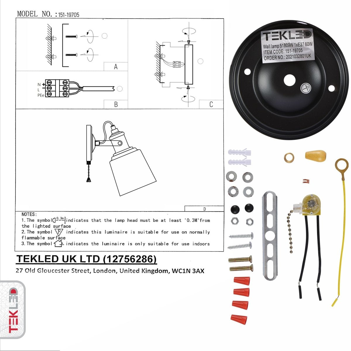 User manual and box content of amber glass cone wall light e27 and pull down switch