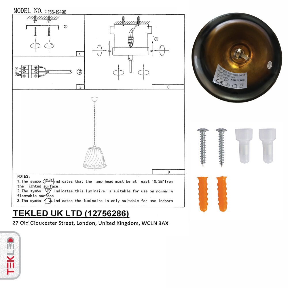 User manual and box content of antique brass caged frustum pendant light 3xe14