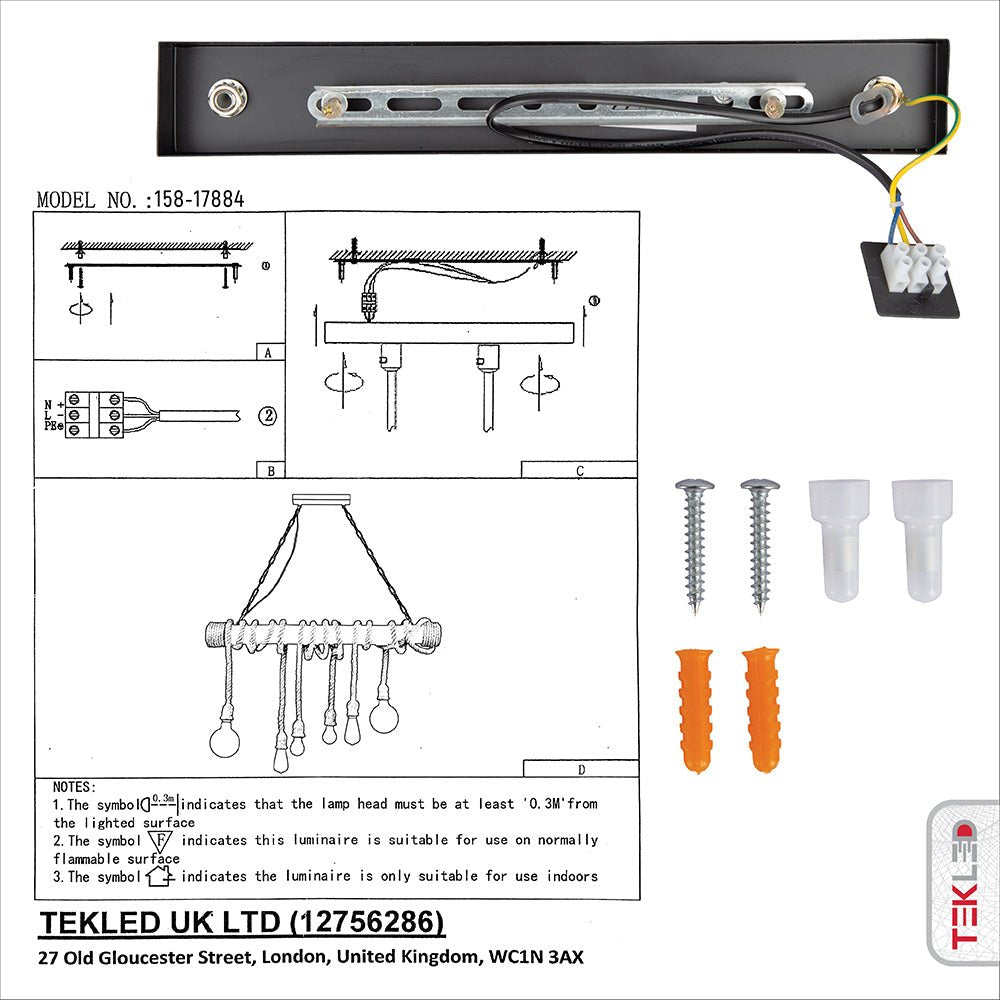 User manual and box content of bamboo and hemp rope rod chandelier with 6xe27 fitting