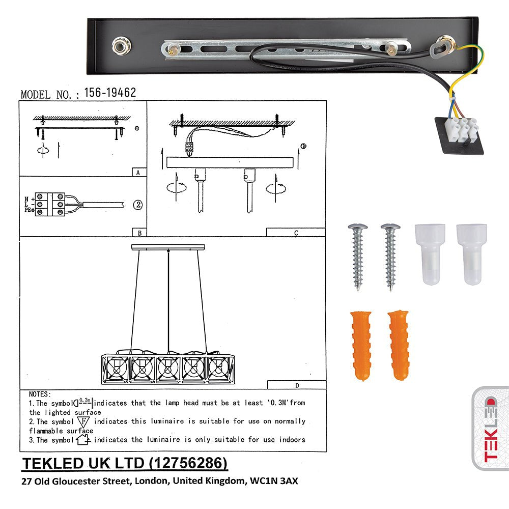 User manual and box content of black cuboid metal cylinder amber glass island chandelier with 5xe27 fitting