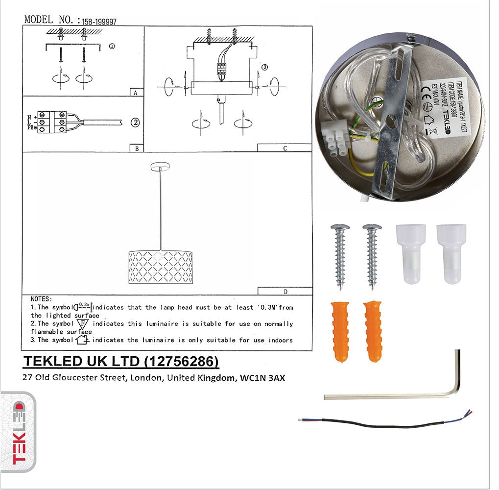 User manual and box content of black-gold fabric cylinder pendant light e27