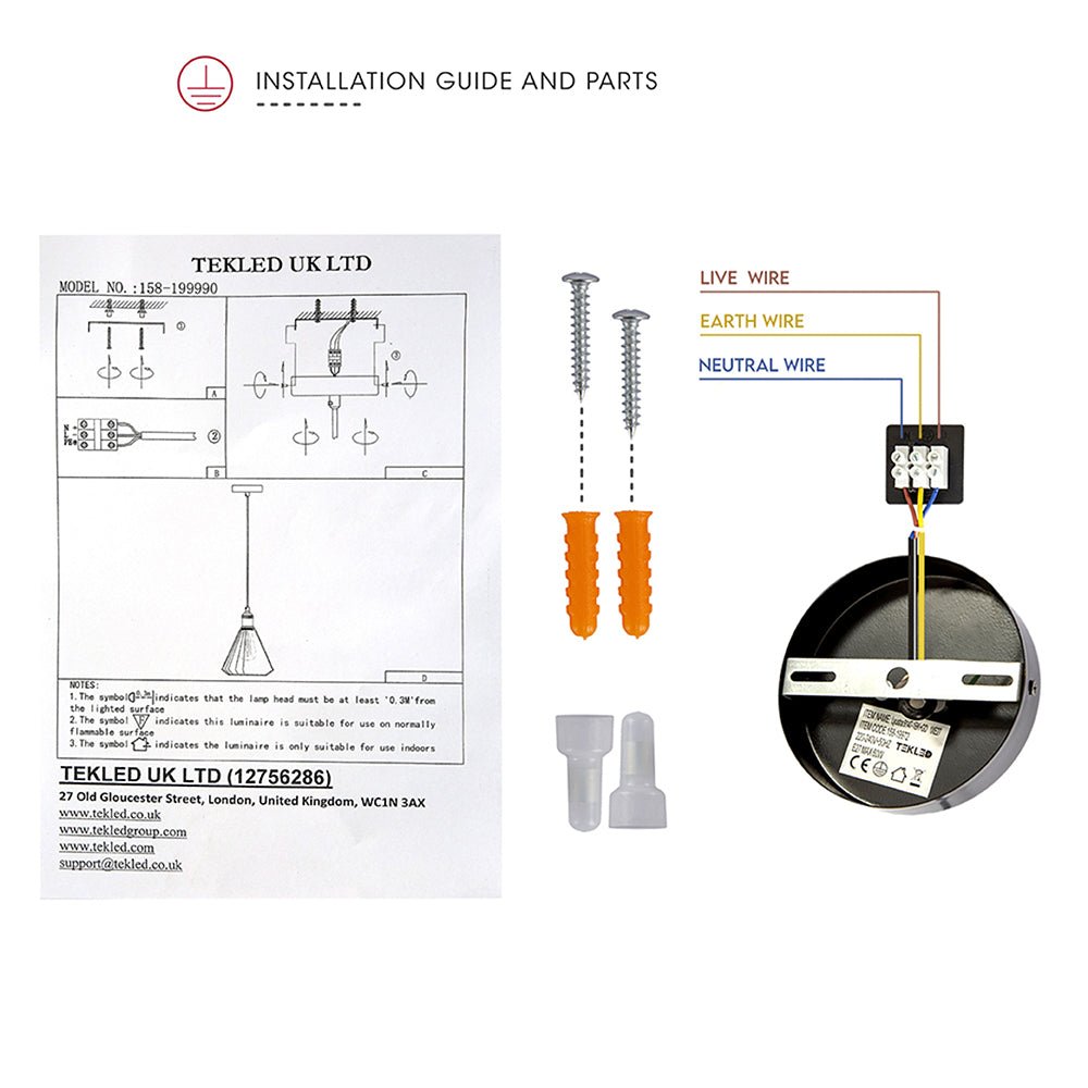 User manual and box content of black metal caged funnel pendant light with e27 fitting