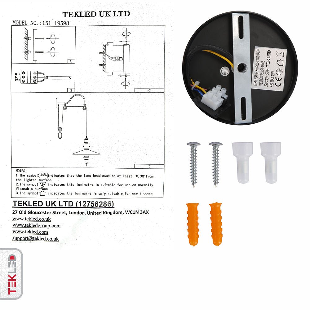 User manual and box content of black metal funnel pulley wall light e27