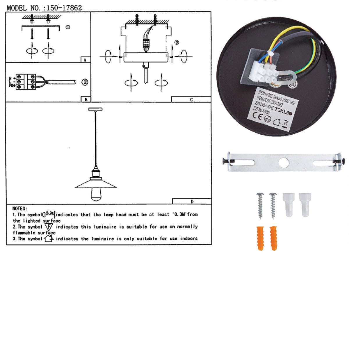 User manual for Black Metal Small Funnel Pendant Ceiling Light with E27 | TEKLED 150-17862