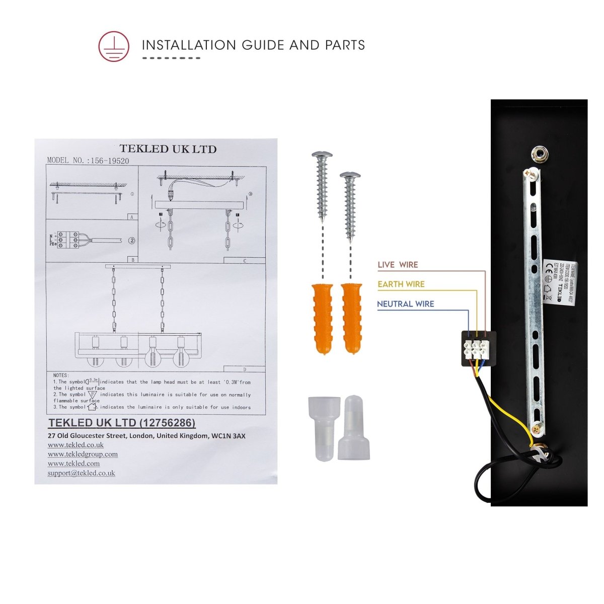 User manual and box content of black metal wood cuboid island chandelier with 4xe27 fitting 156-19520 156-19518