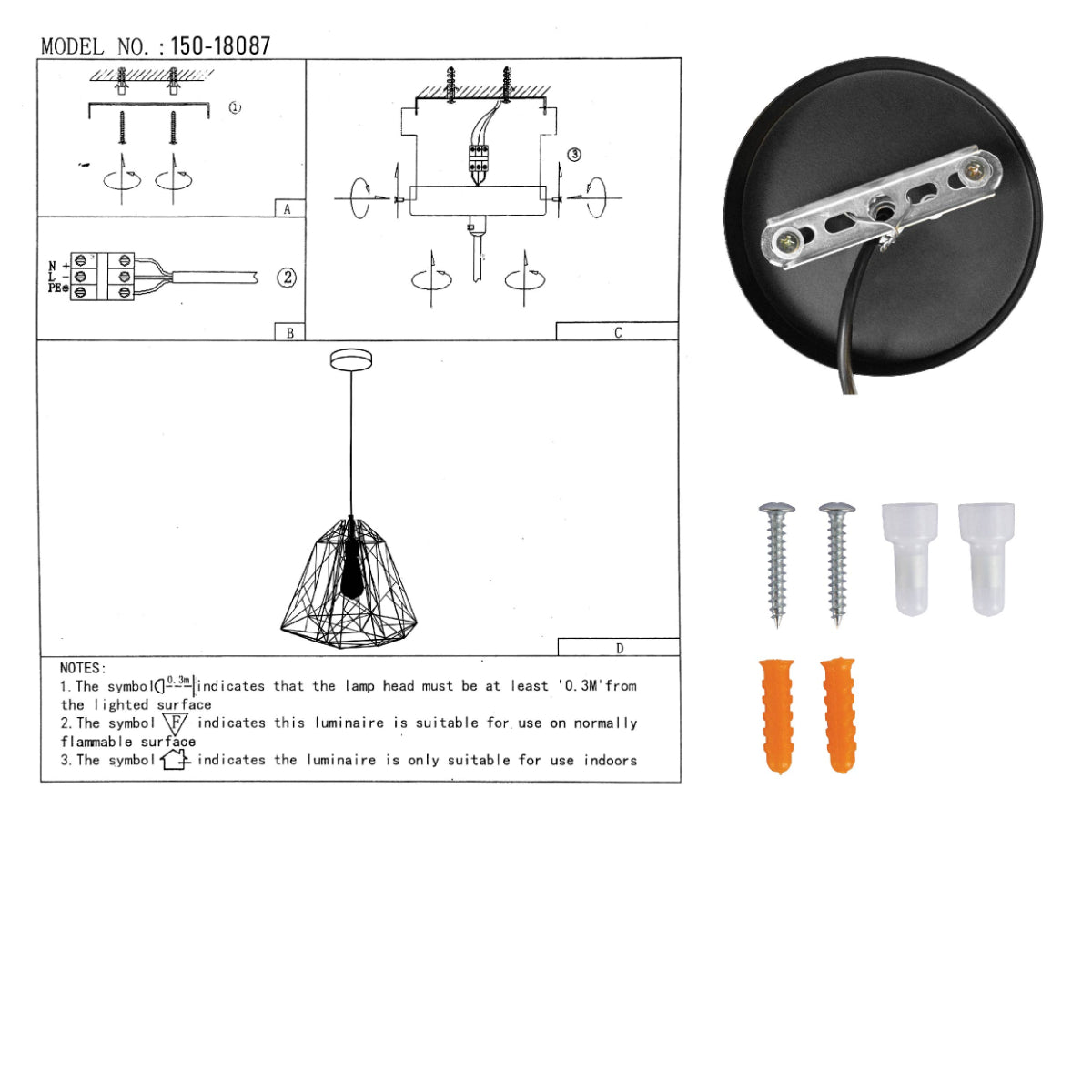 User manual for Black Wire Cage Pendant Ceiling Light with E27 | TEKLED 150-18087