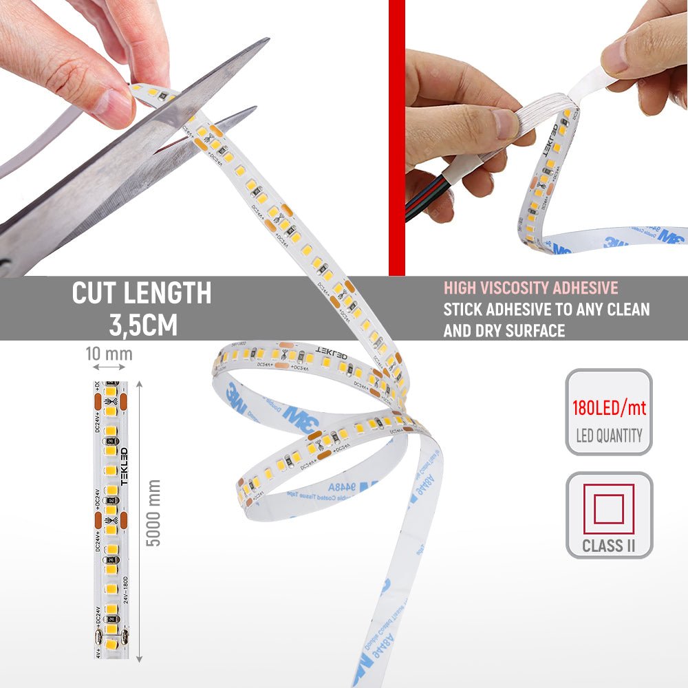 User manual and cut length for LED Strip Light 180pcs 2835 LED 10W 2A 24Vdc 10mm 5m IP20 3000K Warm White 4000K Cool White 6500K Cool Daylight | TEKLED 582-032724