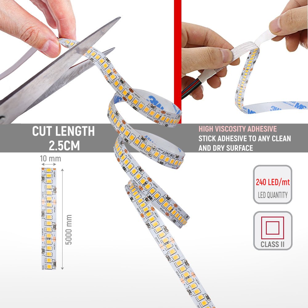 User manual and cut length for LED Strip Light 240pcs 2835 LED 15W 3A 24Vdc 10mm 5m IP20 3000K Warm White 4000K Cool White 6500K Cool Daylight | TEKLED 582-032727