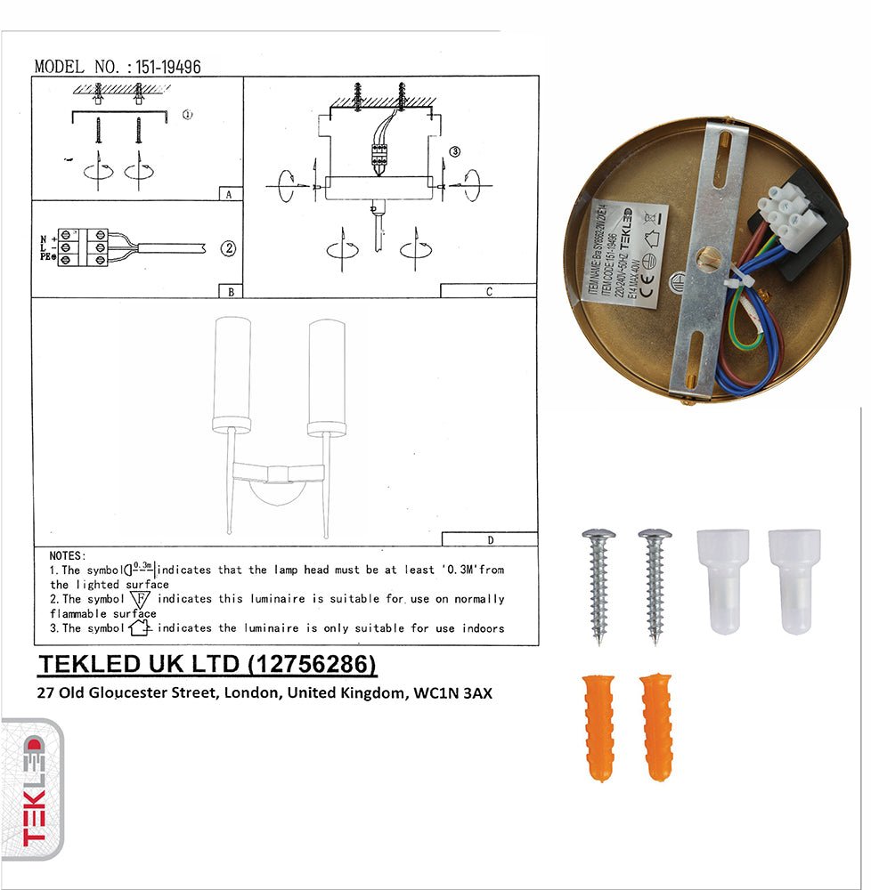 User manual and box content of Gold Aluminium Bronze Cylinder Clear Glass Wall Light with 2xE14 Fitting