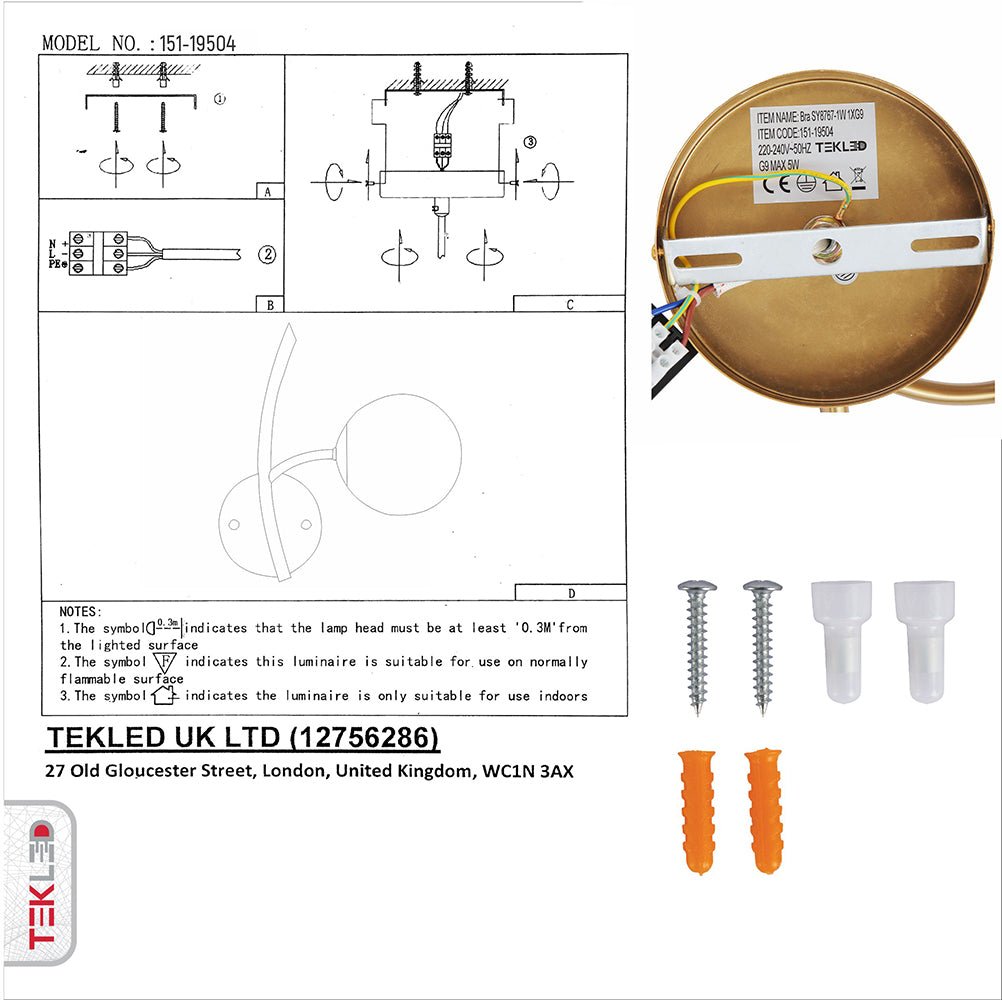 User manual and box content of Gold Aluminium Bronze Metal Opal Glass Globe Wall Light with G9 Fitting