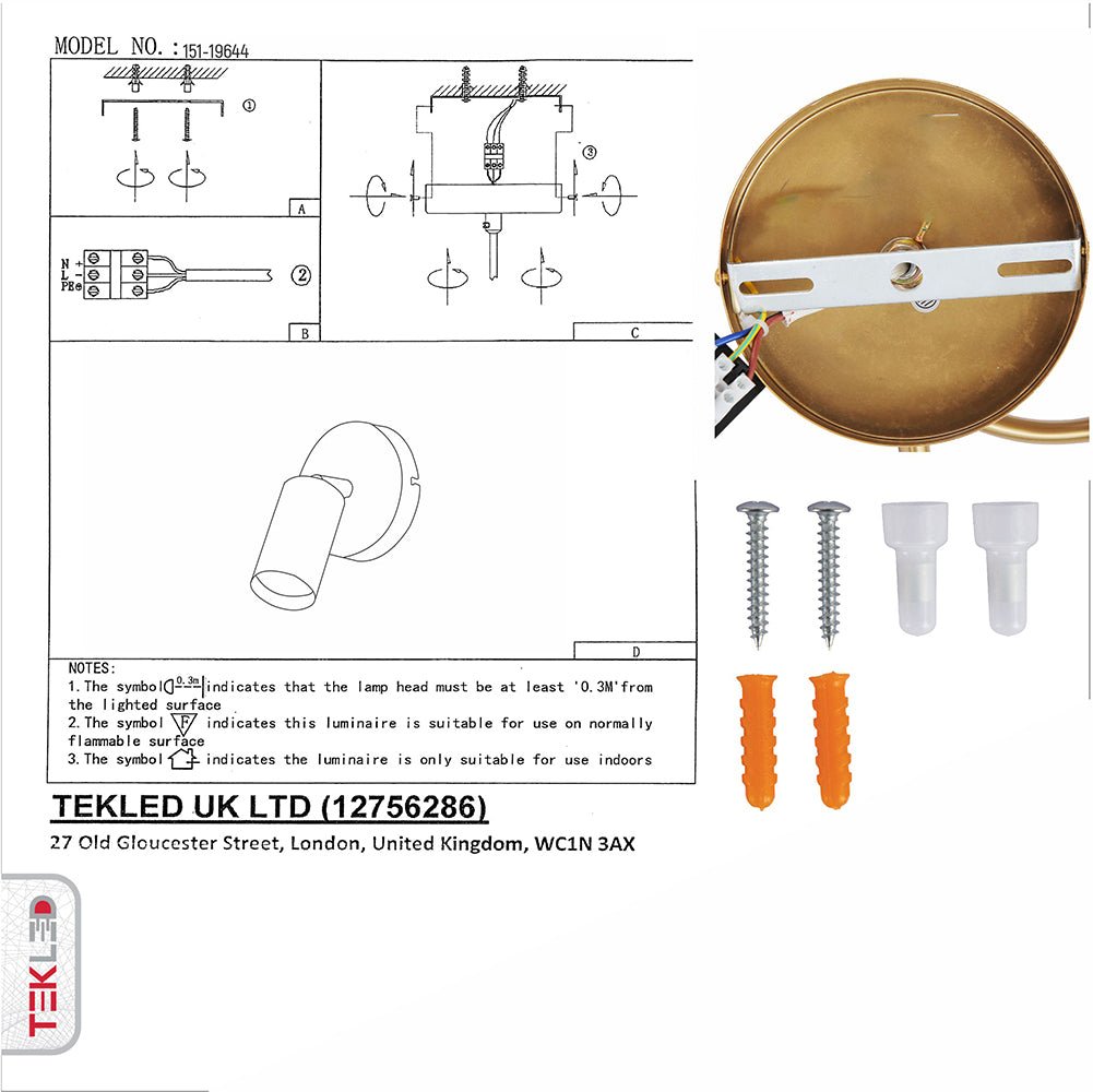 User manual and box content of Gold Metal Spot Wall Light with GU10 Fitting