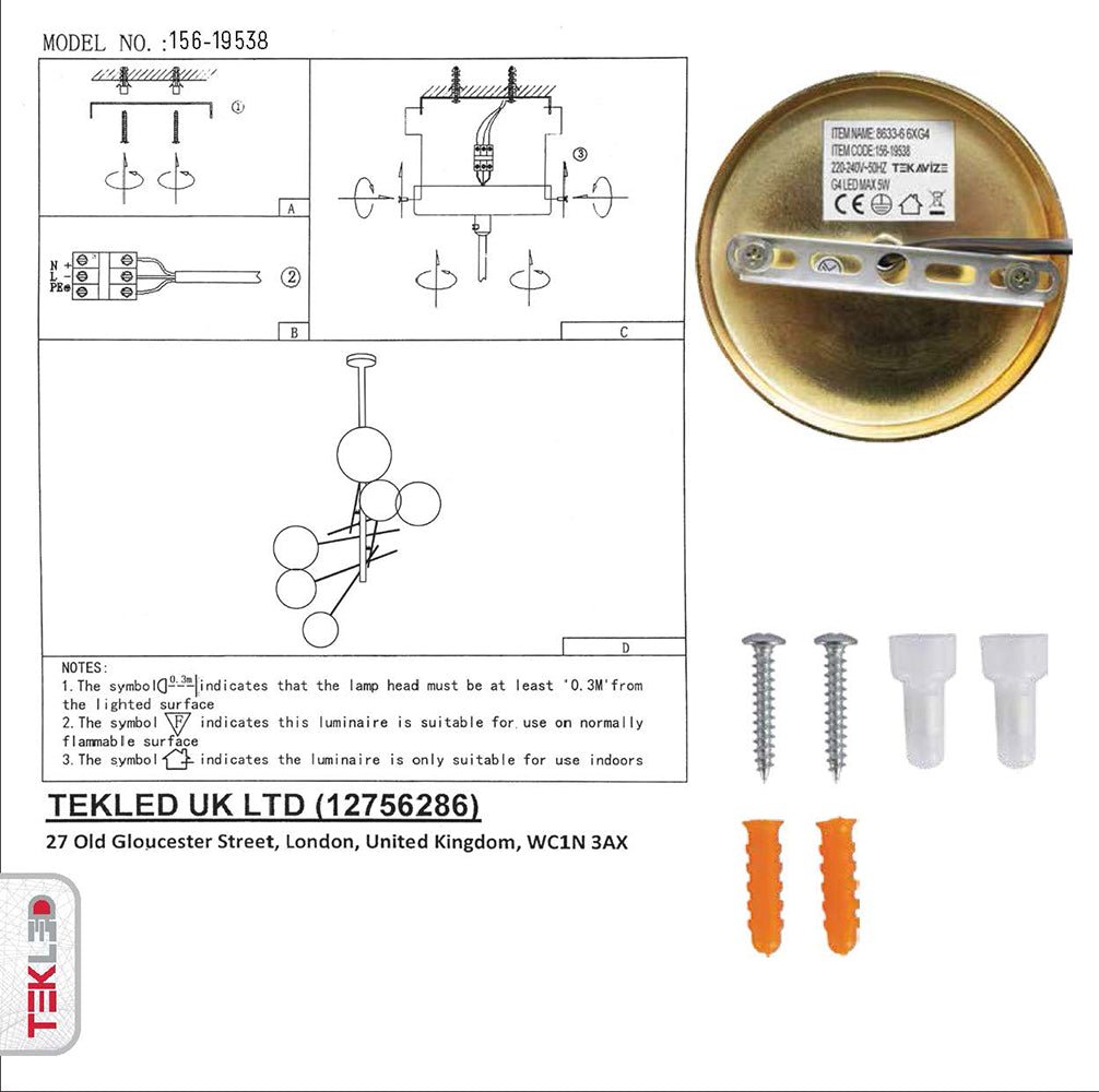 User manual and box content of golden antique brass metal clear glass globe chandelier with g4 fitting