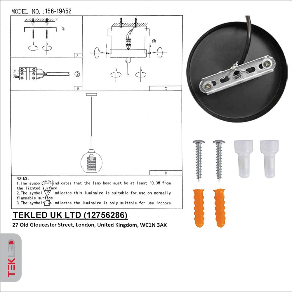 User manual and box content of golden metal clear glass globe pendant light with e27 fitting