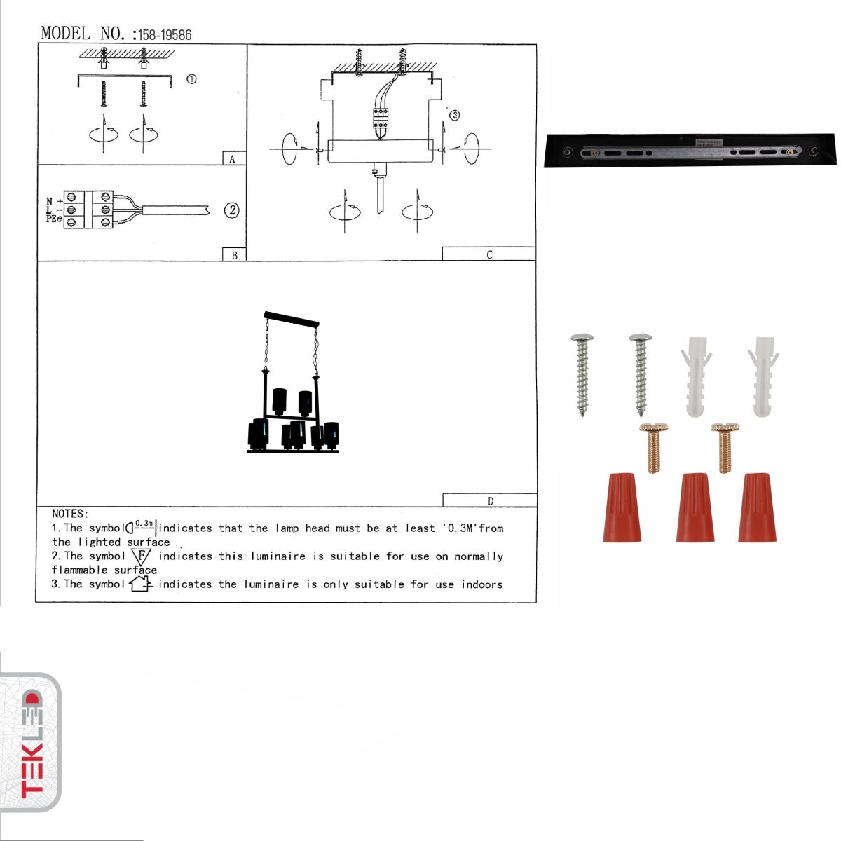 User manual for Amber Cylinder Glass Black Metal Chandelier with 8xE27 Fitting | TEKLED 158-19586