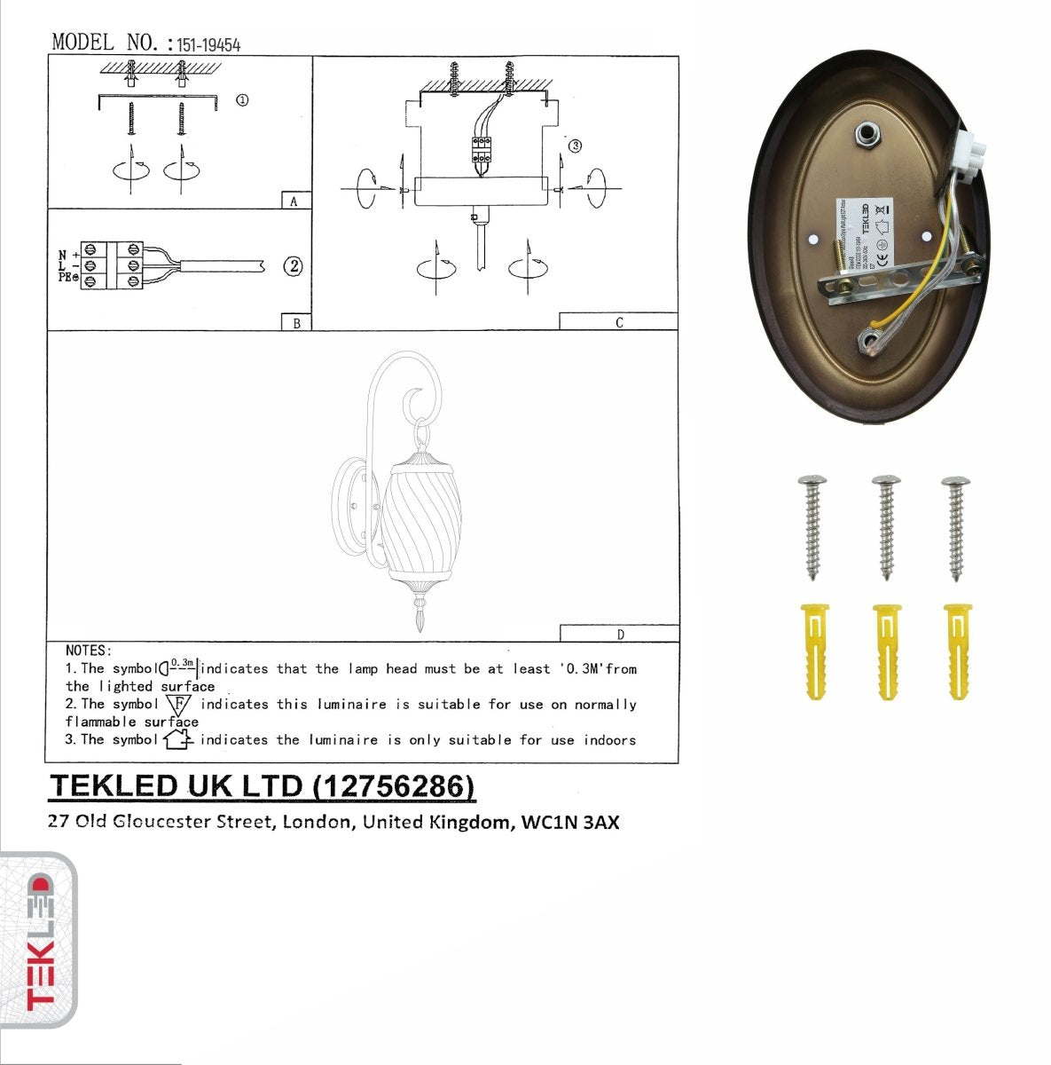 User manual for Amber Glass Antique Bronze Metal Body Moroccan Style Wall Lamp with E27 Fitting | TEKLED 151-19454