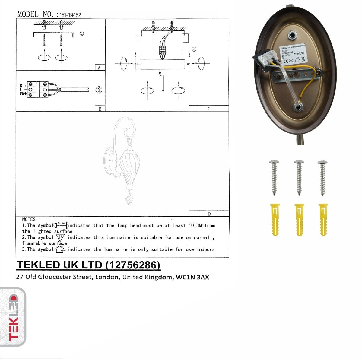 User manual for Amber Glass Antique Bronze Metal Body Moroccan Style Wall Light with E27 Fitting | TEKLED 151-19452