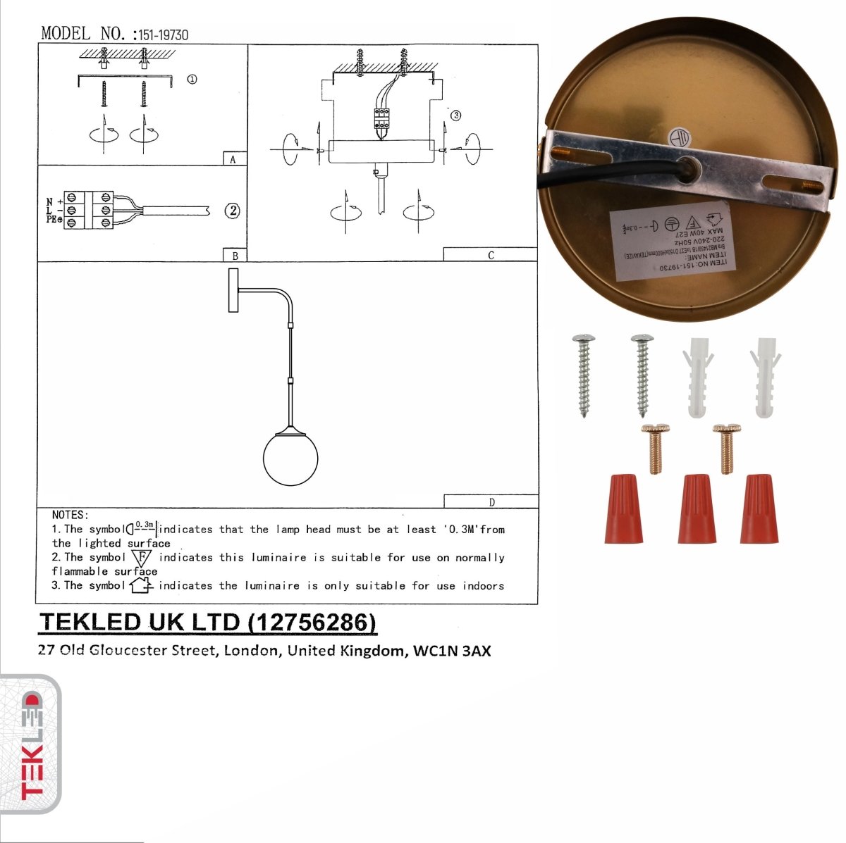 User manual for Amber Glass Gold Metal Pendant Wall Light with E27 Fitting | TEKLED 151-19730