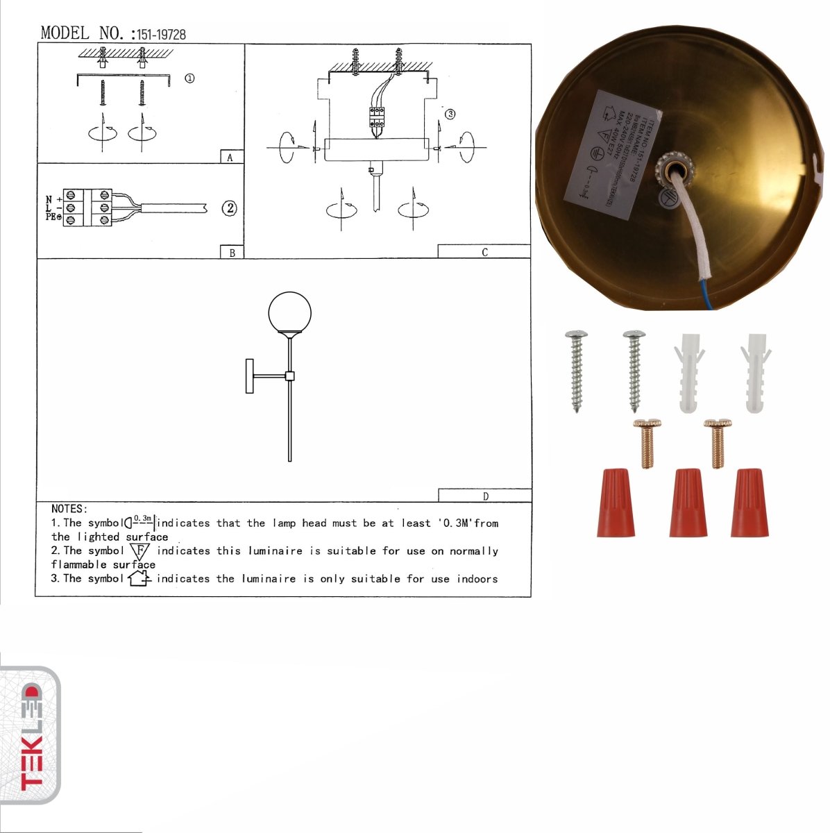 User manual for Amber Glass Gold Metal Wall Light L with E27 Fitting | TEKLED 151-19728