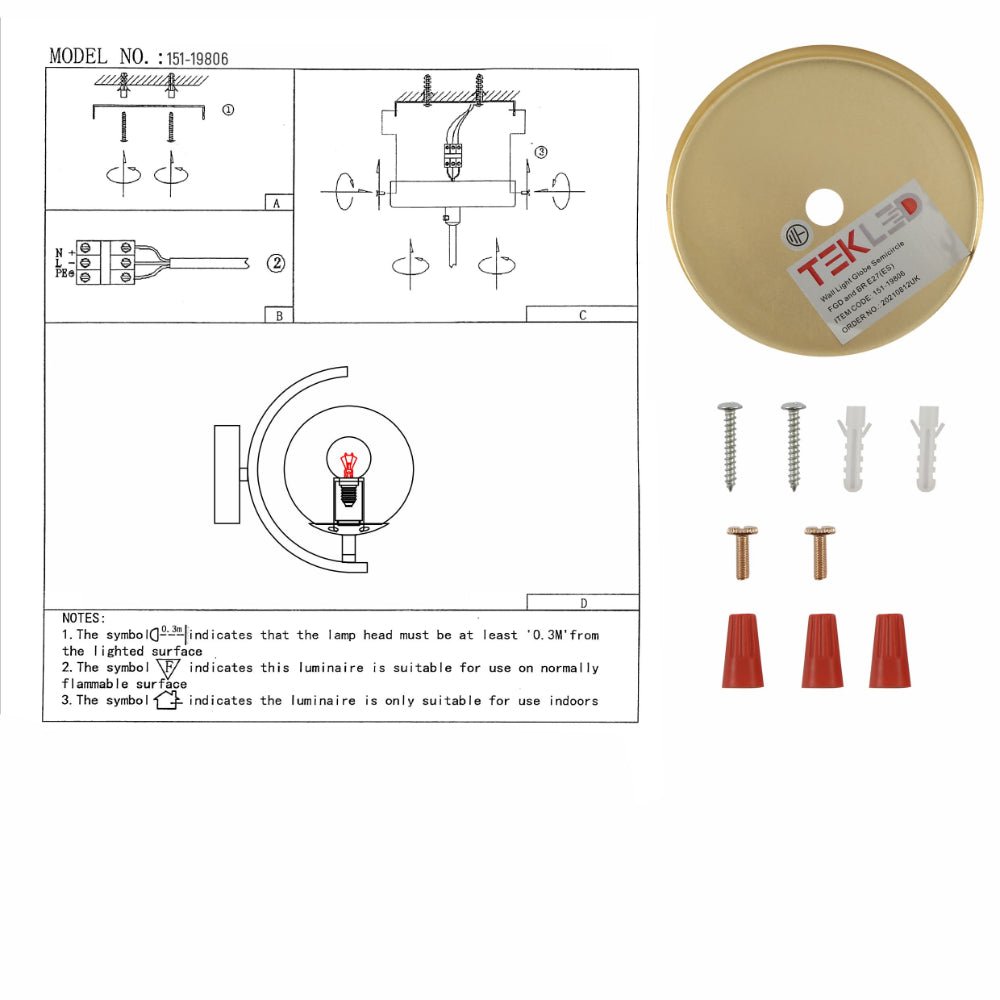 User manual for Amber Globe Glass Crescent Gold Metal Modern Wall Light with E27 Fitting | TEKLED 151-19806