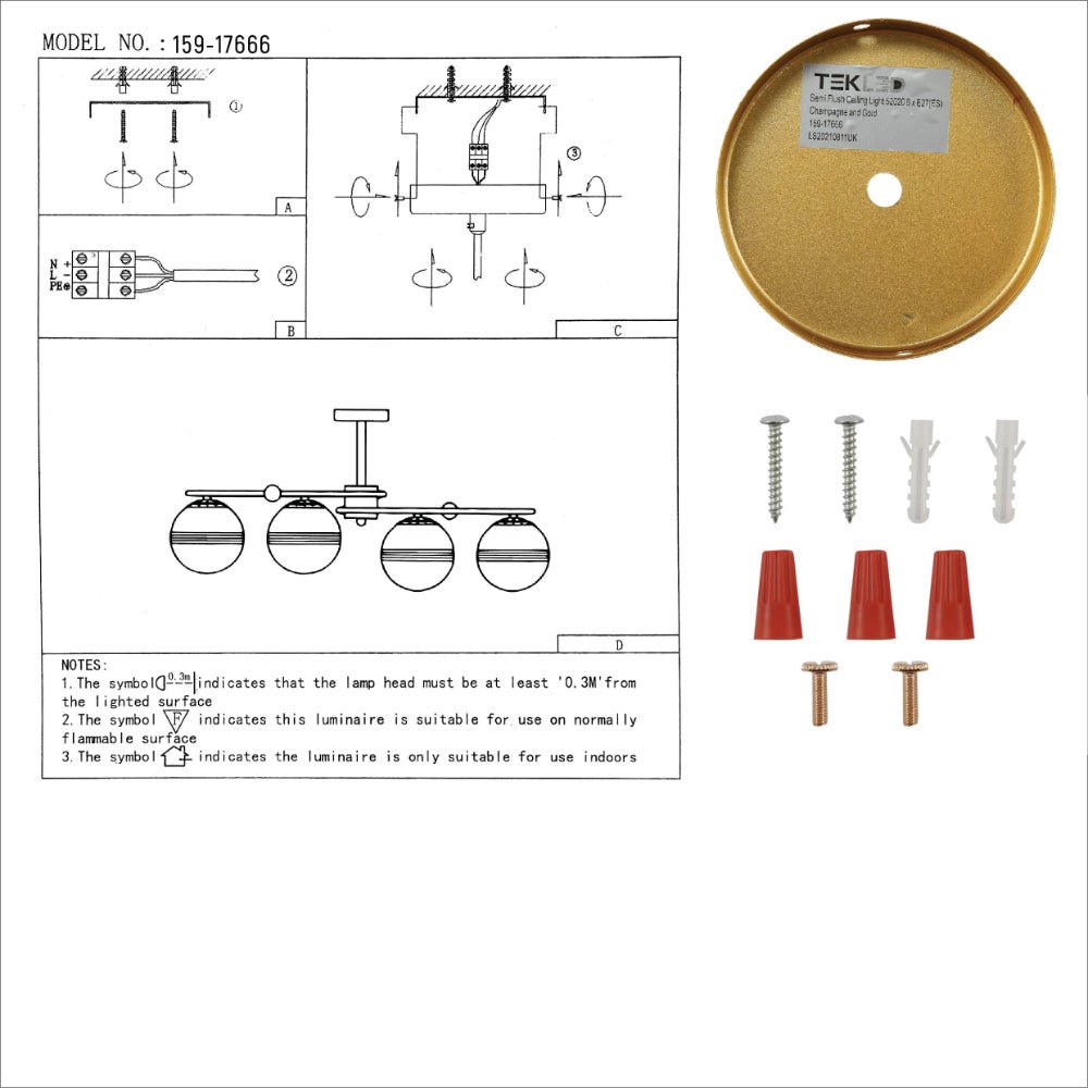 User manual for Amber Globe Glass Gold Ellipse Metal Body Semi Flush Modern Ceiling Light with E27 Fittings | TEKLED 159-17666