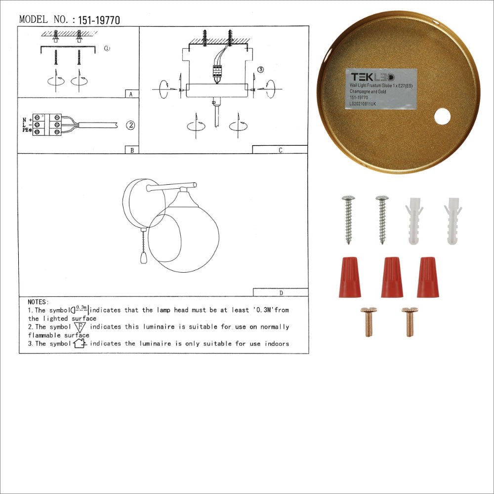 User manual for Amber Sides Open Globe Glass Gold Wall Light E27 Pull Down Switch | TEKLED 151-19770