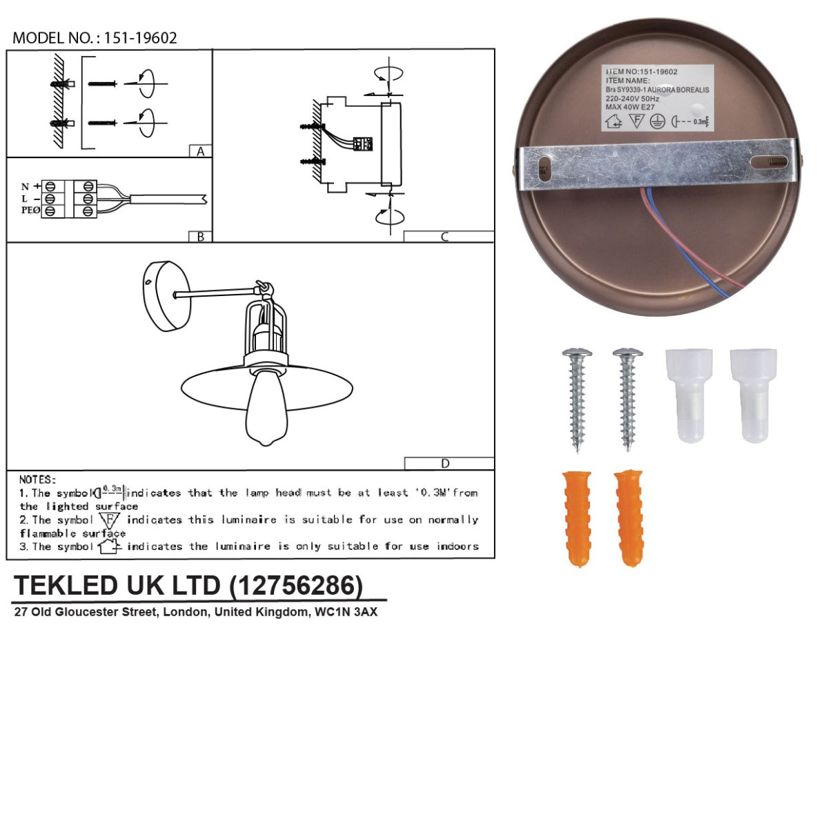 User manual for Antique Bronze Flat Metal Hinged Indutrial Retro Wall Light with E27 Fitting | TEKLED 151-19602