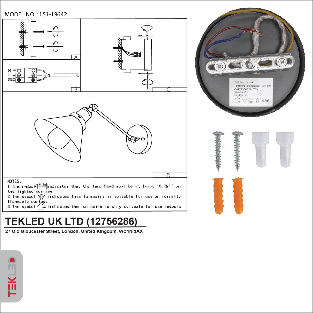 User manual for Black Antique Brass Metal Funnel Hinged Wall Light with E27 Fitting | TEKLED 151-19642