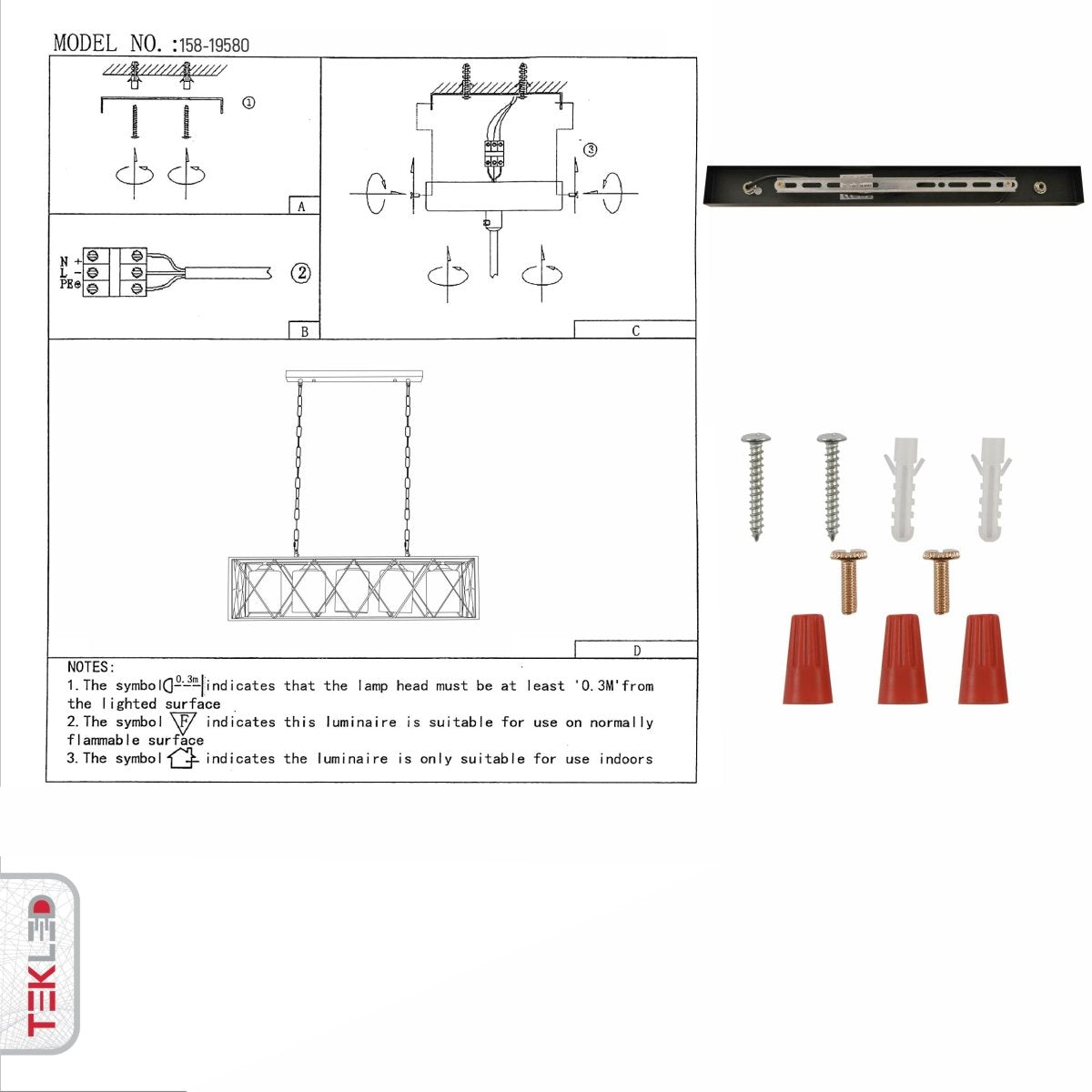 User manual for Black Caged Metal Amber Cylinder Glass Island Chandelier with 5xE27 Fitting | TEKLED 158-19580