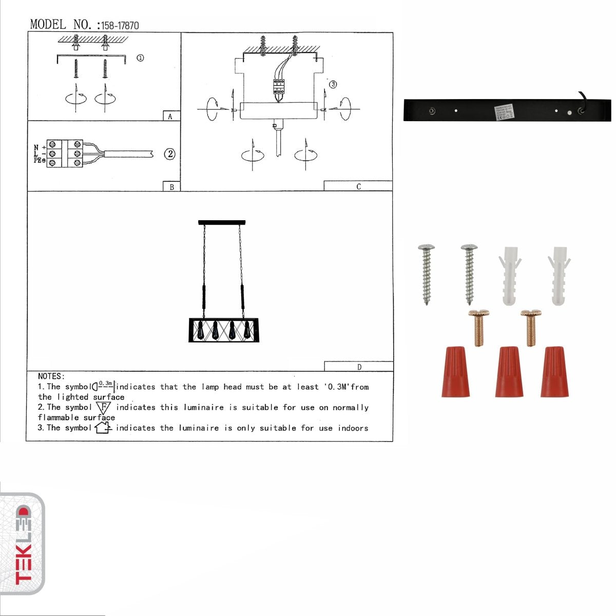 User manual for Black Cuboid Metal Island Chandelier with 4xE27 Fitting | TEKLED 158-17870