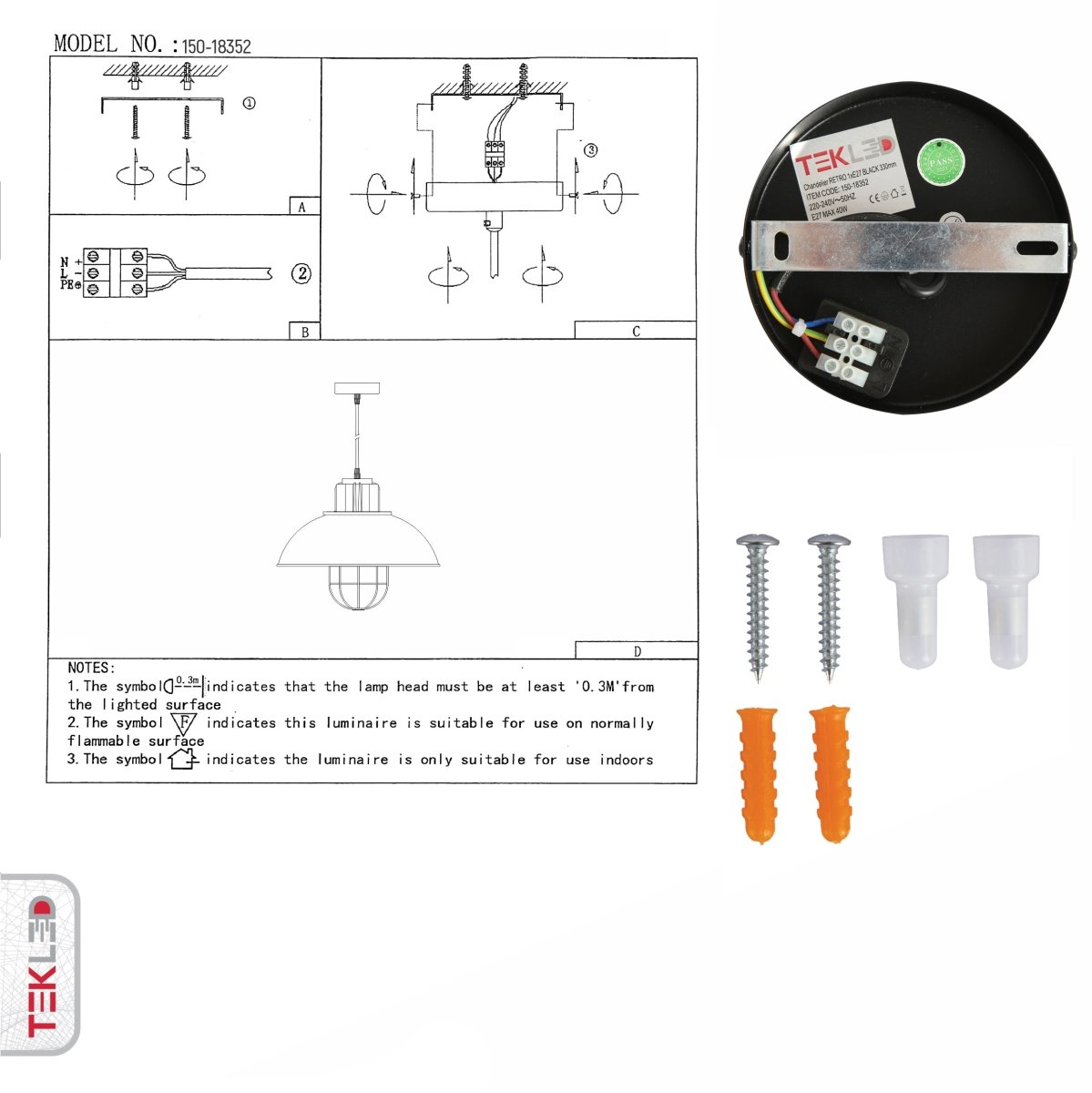 User manual for Black Dome Caged Industrial Metal Ceiling Pendant Light with E27 Fitting | TEKLED 150-18352