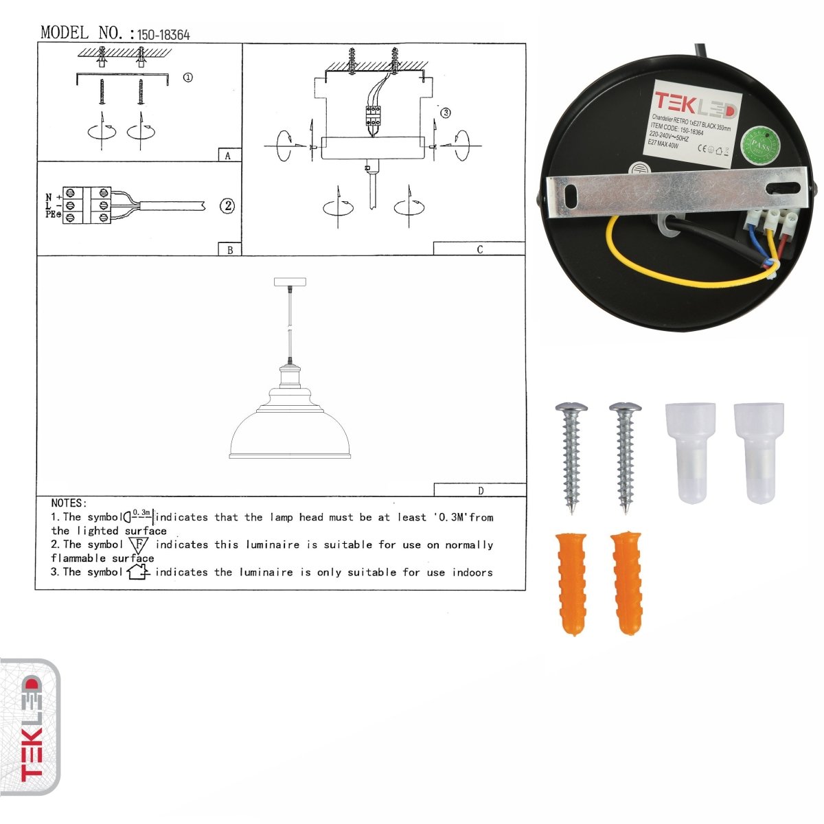 User manual for Black Dome Industrial Large Metal Ceiling Pendant Light with E27 Fitting | TEKLED 150-18364