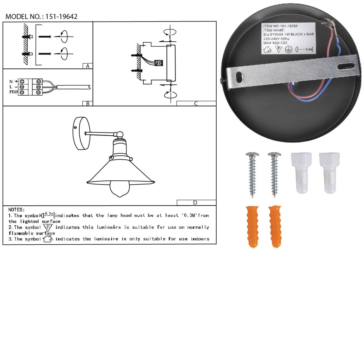 User manual for Black Funnel Metal Hinged Wall Light with E27 Fitting | TEKLED 151-19558