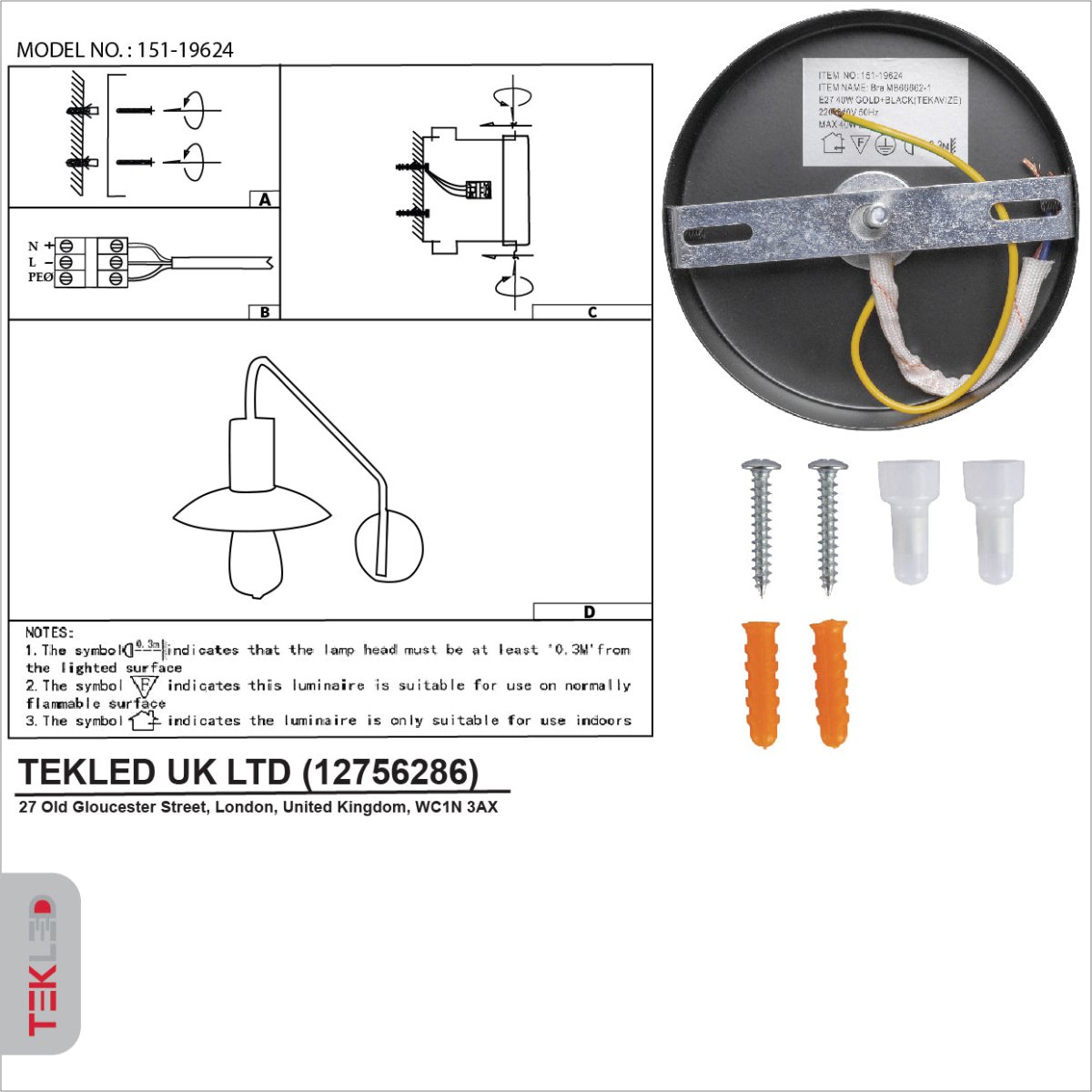 User manual for Black Gold Metal Flat Wall Light with E27 Fitting | TEKLED 151-19624