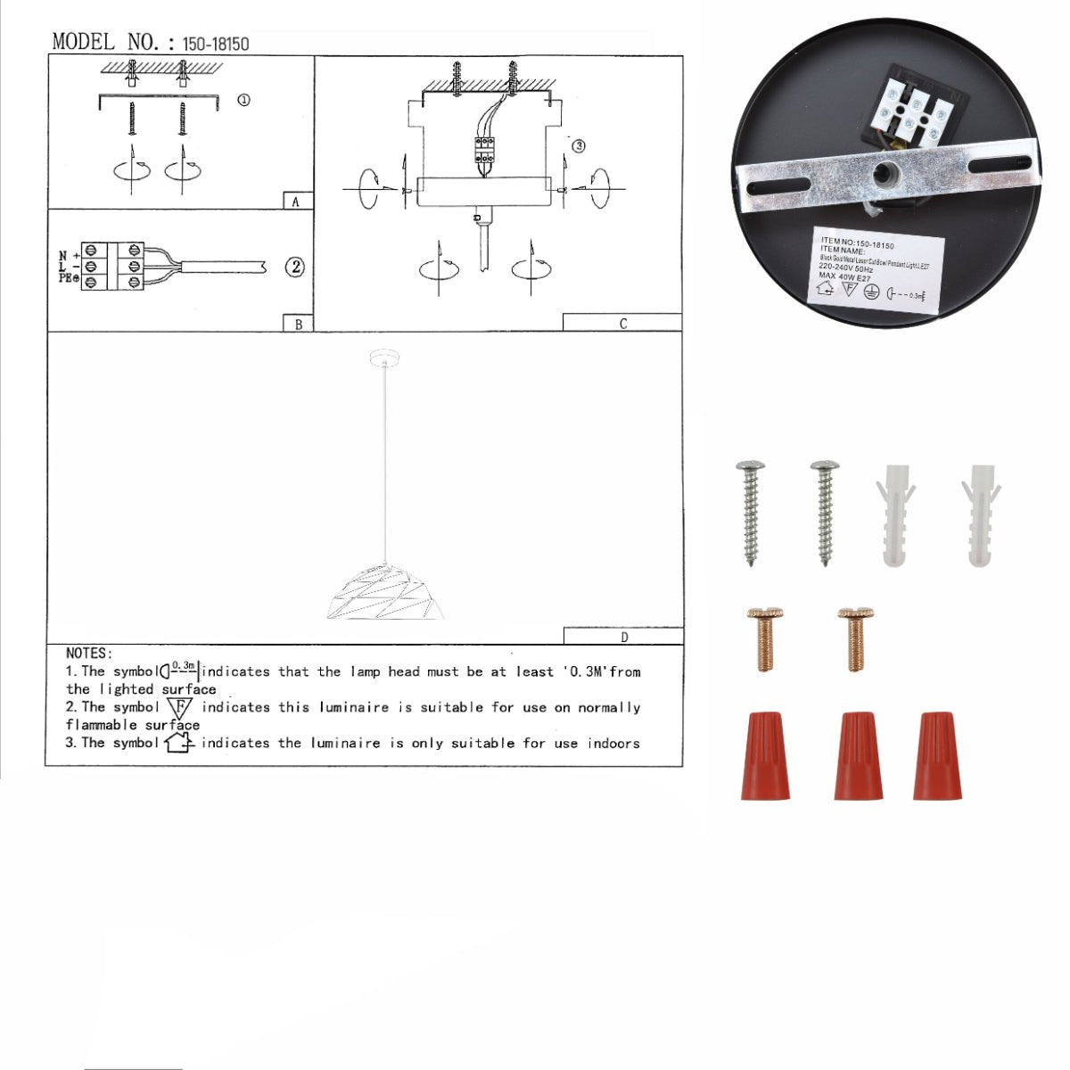 User manual for Black Gold Metal Laser Cut Dome Modern Pendant Light D450 with E27 Fitting | TEKLED 150-18150