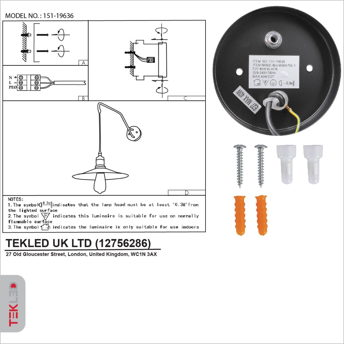 User manual for Black Gold Metal Suspended Wall Light with E27 Fitting | TEKLED 151-19636