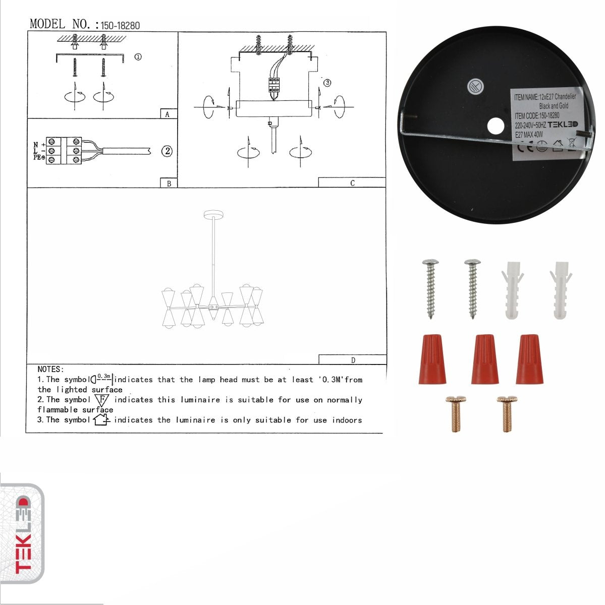 User manual for Black Gold Up Down Funnel Modern Chandelier with 12xE27 Fitting | TEKLED 150-18280