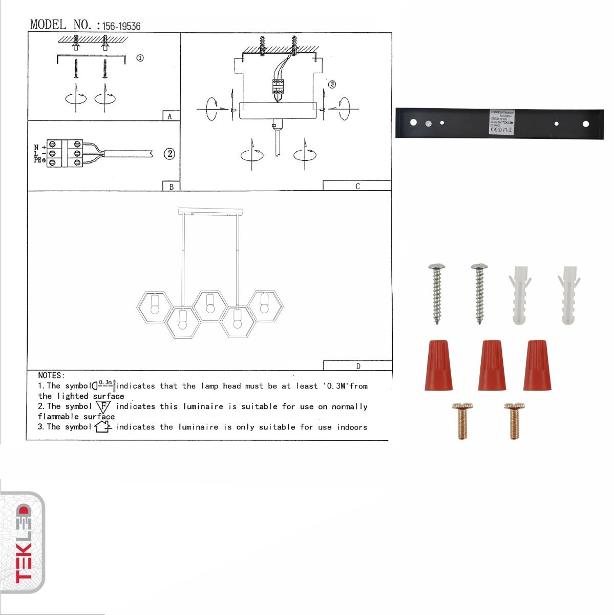 User manual for Black Honeycomb Island Chandelier with 5xE27 Fitting | TEKLED 156-19536