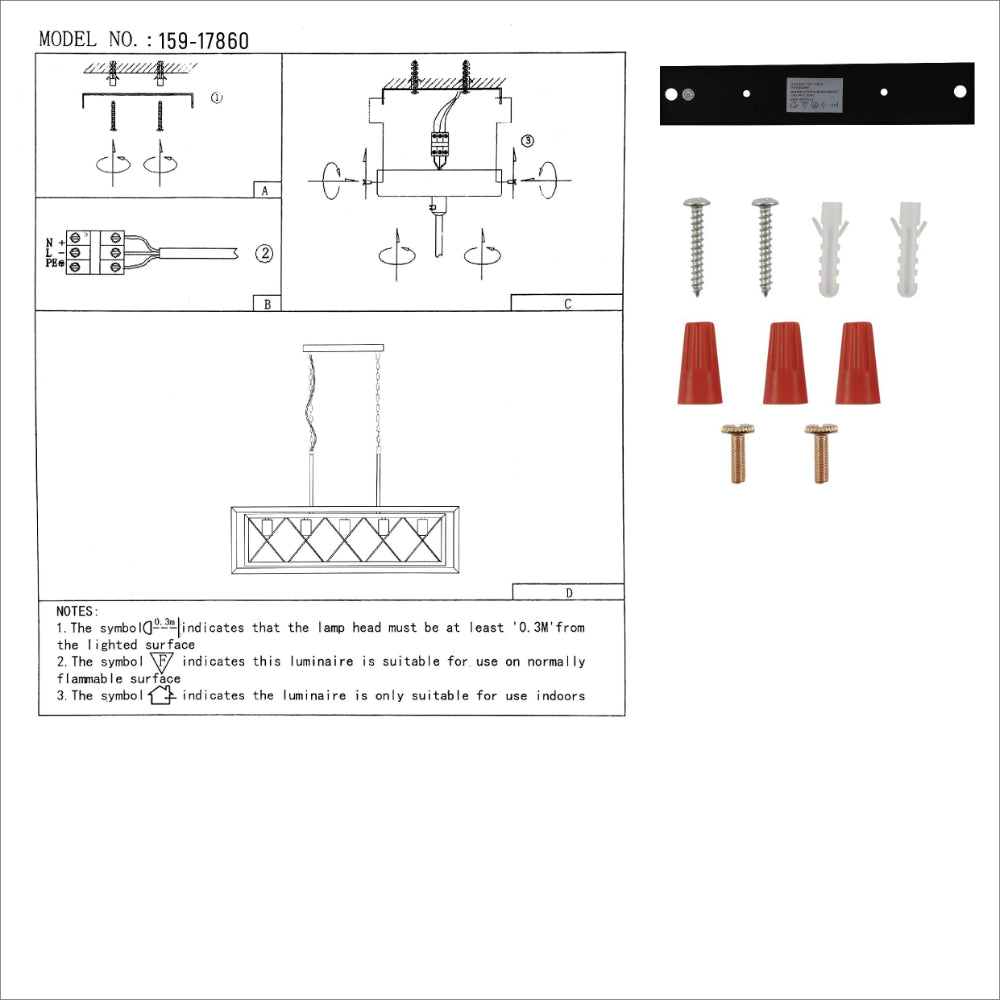 User manual for Black Metal Cage Old Wood Cuboid Kitchen Island Chandelier Ceiling Light with 5xE27 | TEKLED 159-17860